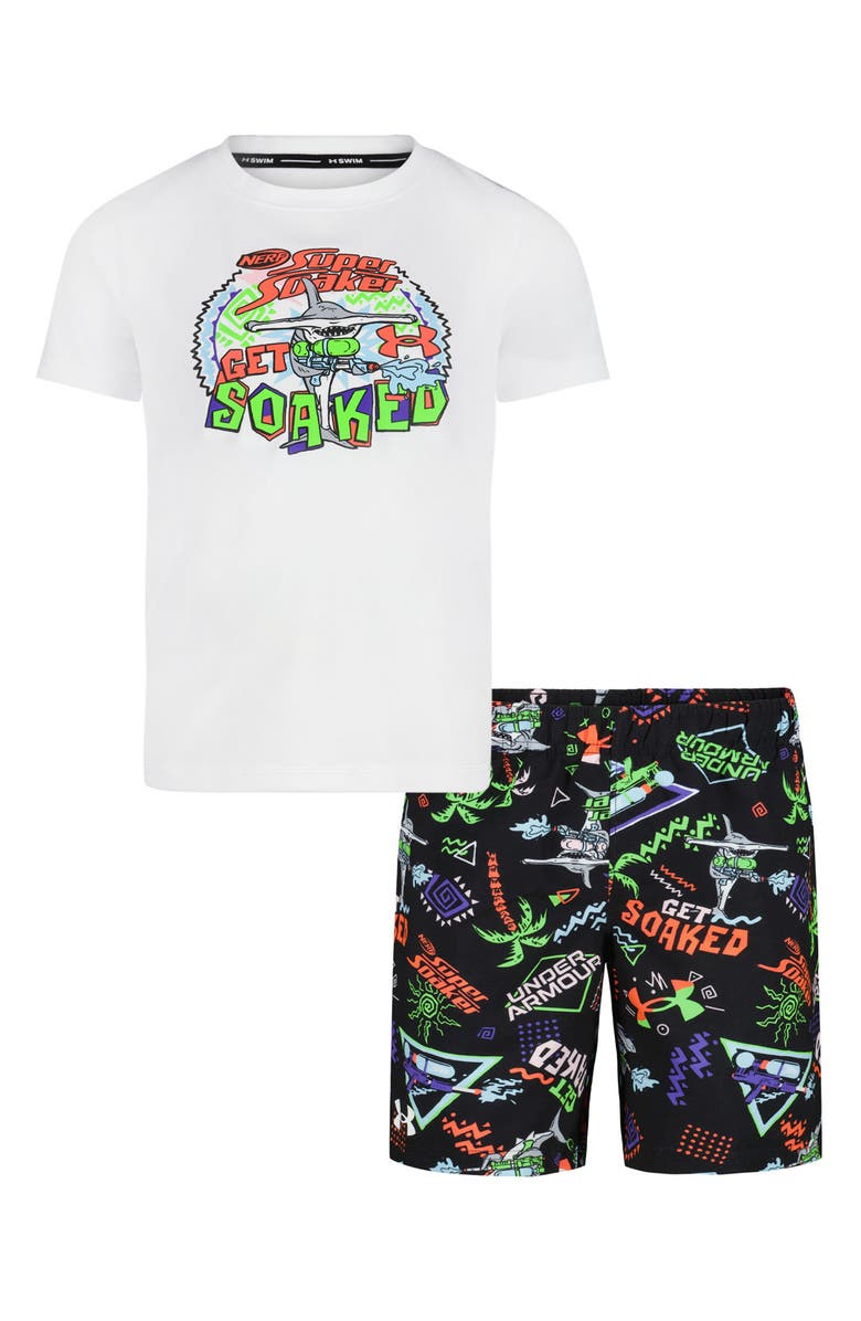 Under Armour Kids' Get Soaked Short Sleeve Rashguard & Swim Trunks Set, Main, color, White