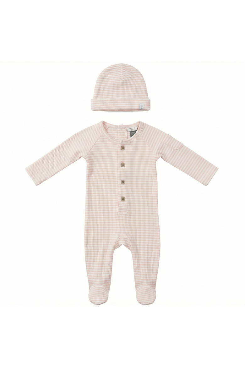 Girl Stripe Rib Front Button Opening Matching Hat Romper Set, Main, color, Light Blush