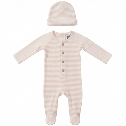Girl Stripe Rib Front Button Opening Matching Hat Romper Set