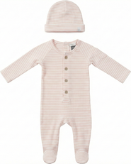 Little Fragile Girl Stripe Rib Front Button Opening Matching Hat Romper Set