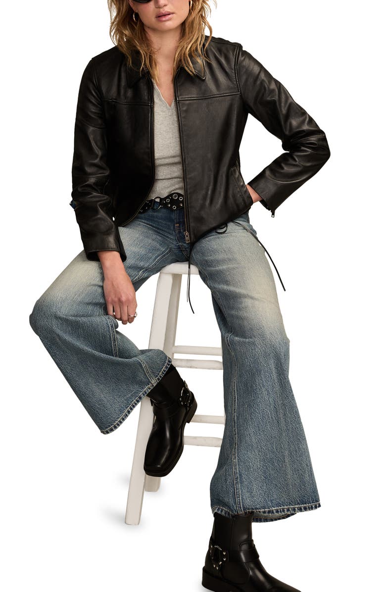 Lucky Brand Zip Crop Leather Jacket, Alternate, color, Black