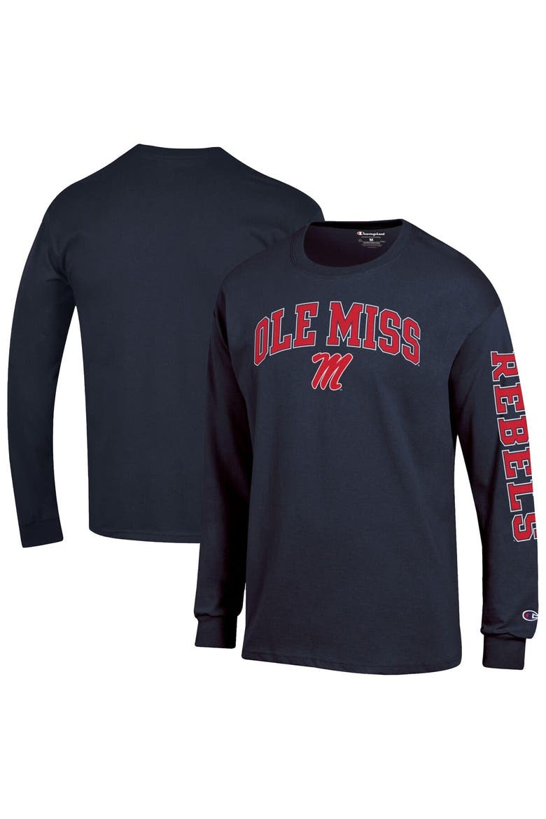 Men's Champion  Navy Ole Miss Rebels Arch Over Logo 2-Hit Long Sleeve T-Shirt, Alternate, color, Navy