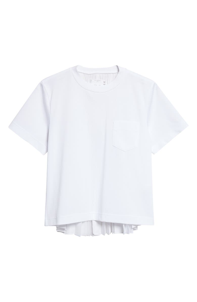 Sacai Mixed Media Pleated Poplin & Jersey Pocket T-Shirt, Main, color, White