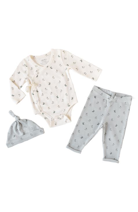 Bunny Print Wrap Bodysuit, Leggings & Knotted Hat Set (Baby)