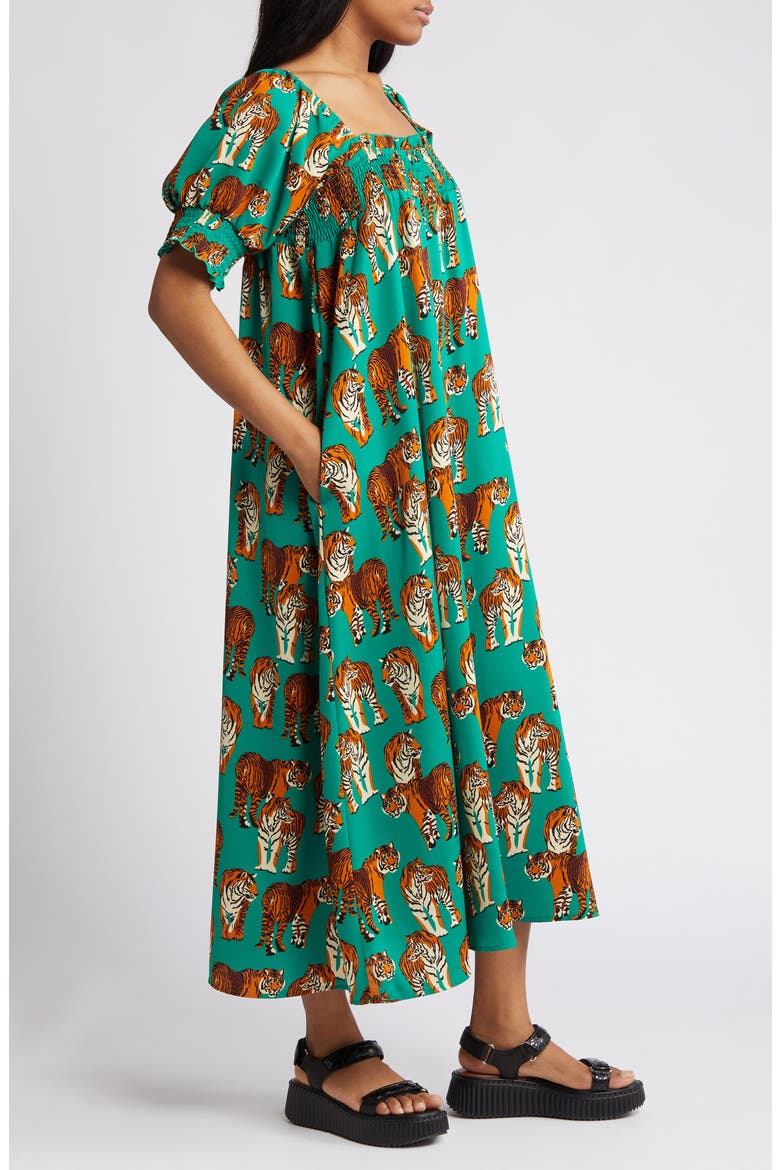 Tiger Print Smocked Maxi Dress, Alternate, color, GREEN TIGER