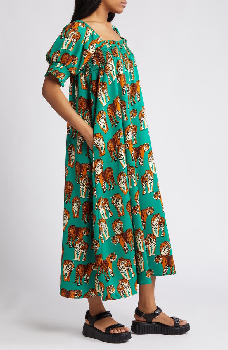 Dressed in Lala Tiger Print Smocked Maxi Dress, Alternate, color, Green Tiger