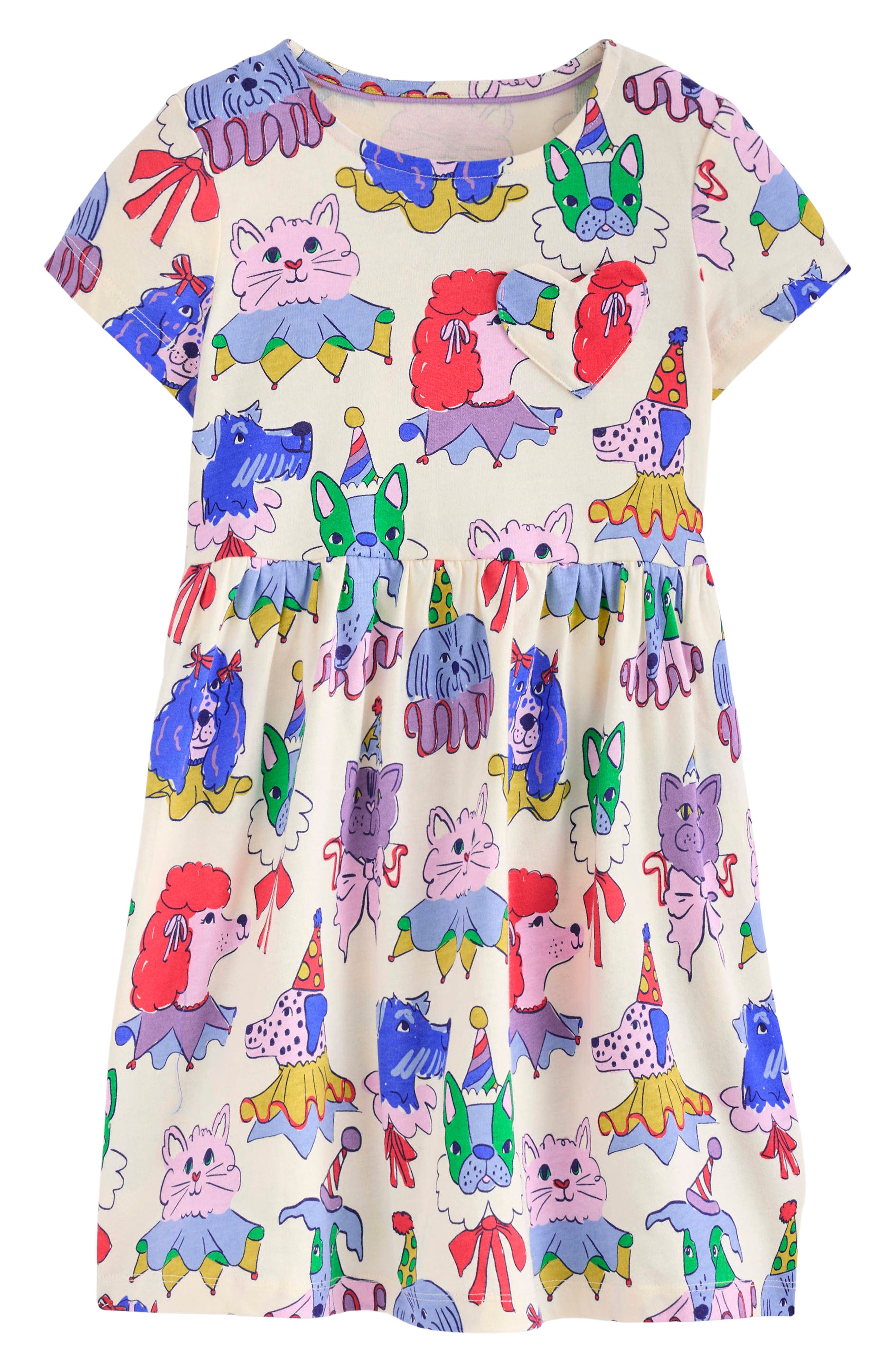 Mini Boden Kids' Pet Print Heart Pocket Cotton Jersey Dress In Soft Ivory Parade Pets