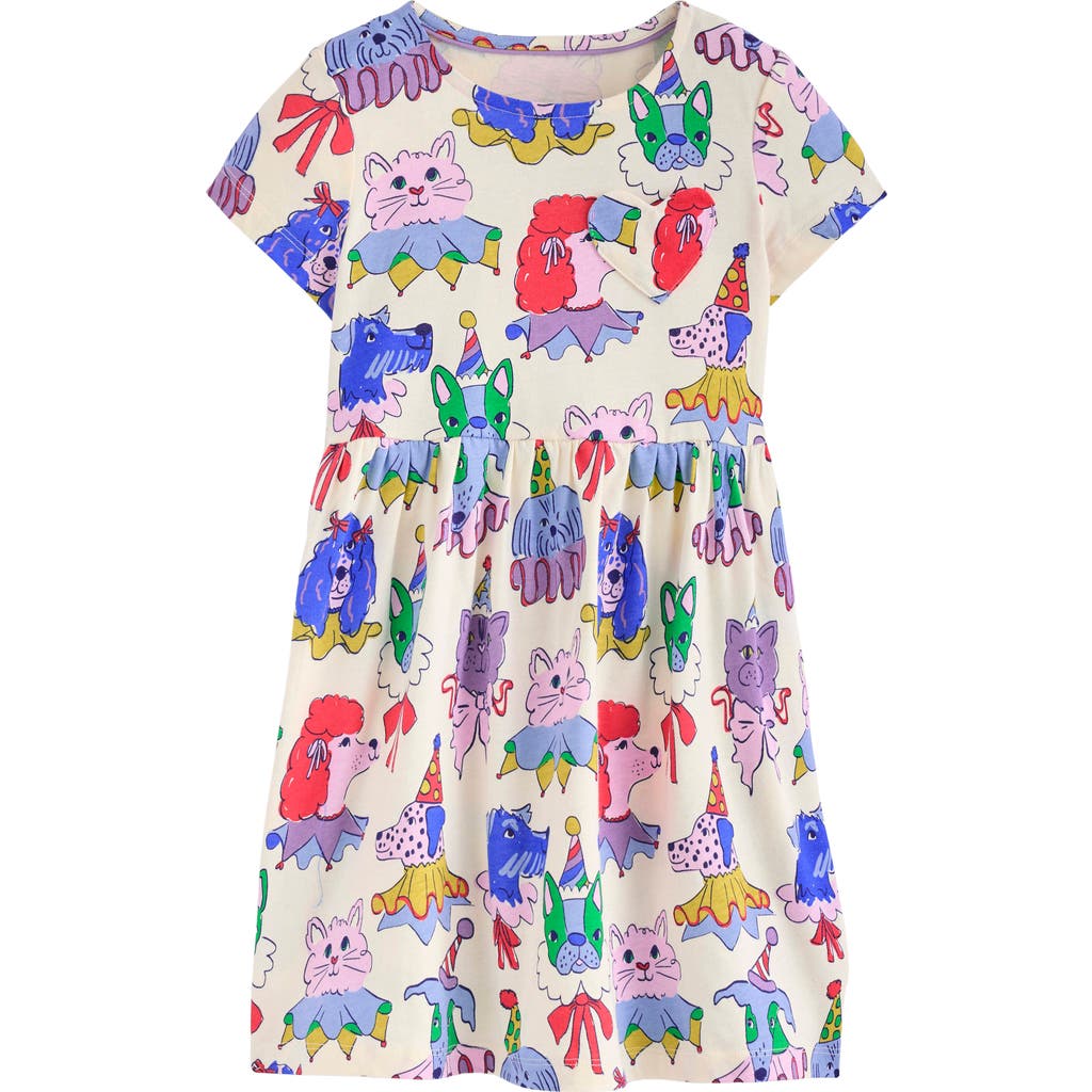 Mini Boden Kids' Pet Print Heart Pocket Cotton Jersey Dress In Soft Ivory Parade Pets