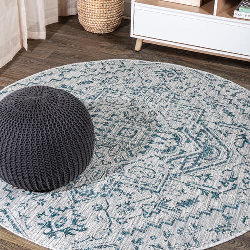 Jonathan Y Estrella Bohemian Medallion Textured Weave Indoor/outdoor Round Area Rug In Teal/gray