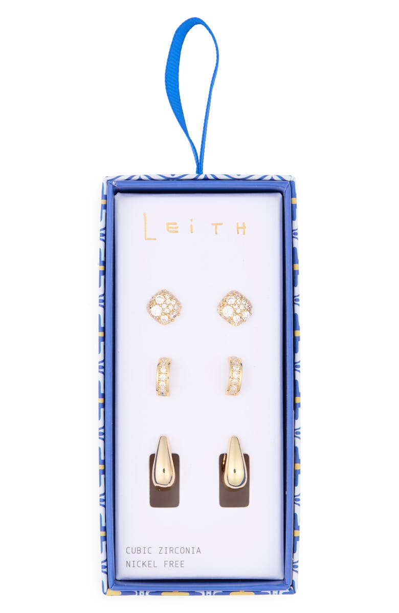 Leith Pack of 3 Assorted Hoop & Stud Earrings, Main, color, Clear- Gold