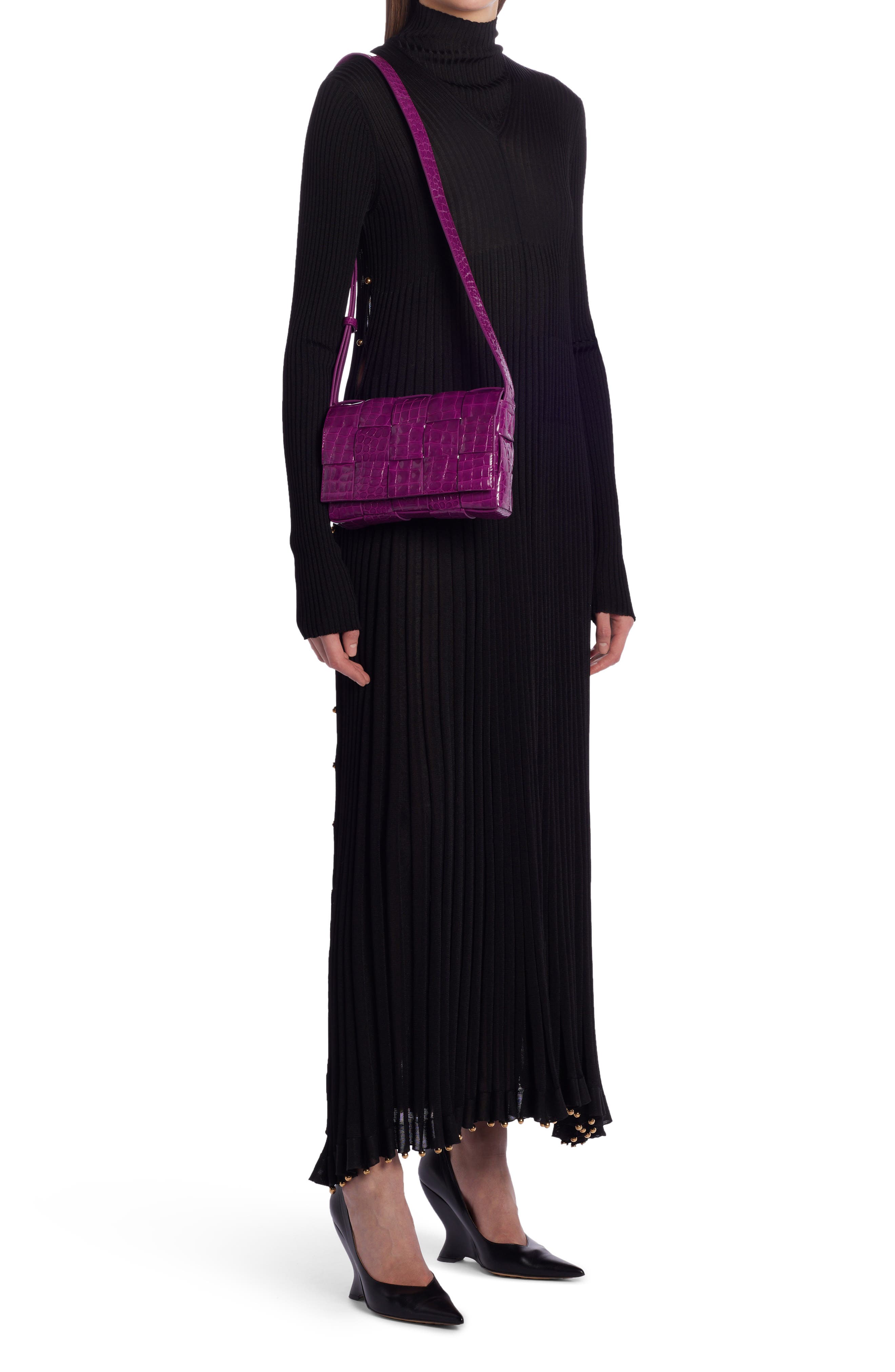 Bottega Veneta Cassette Intrecciato Croc Embossed Patent Leather Crossbody Bag, Alternate, color, Venom-M Brass