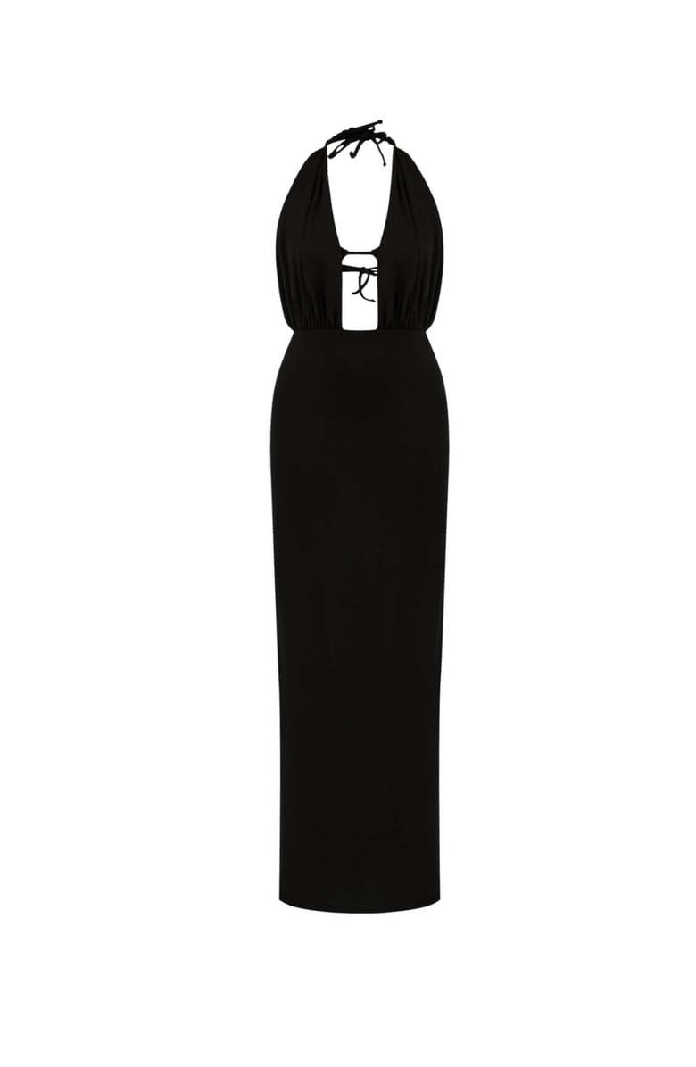 Jendue Women's Siena Denim Maxi Dress - Elegant Halter Neck Cut-Out, Alternate, color, Black