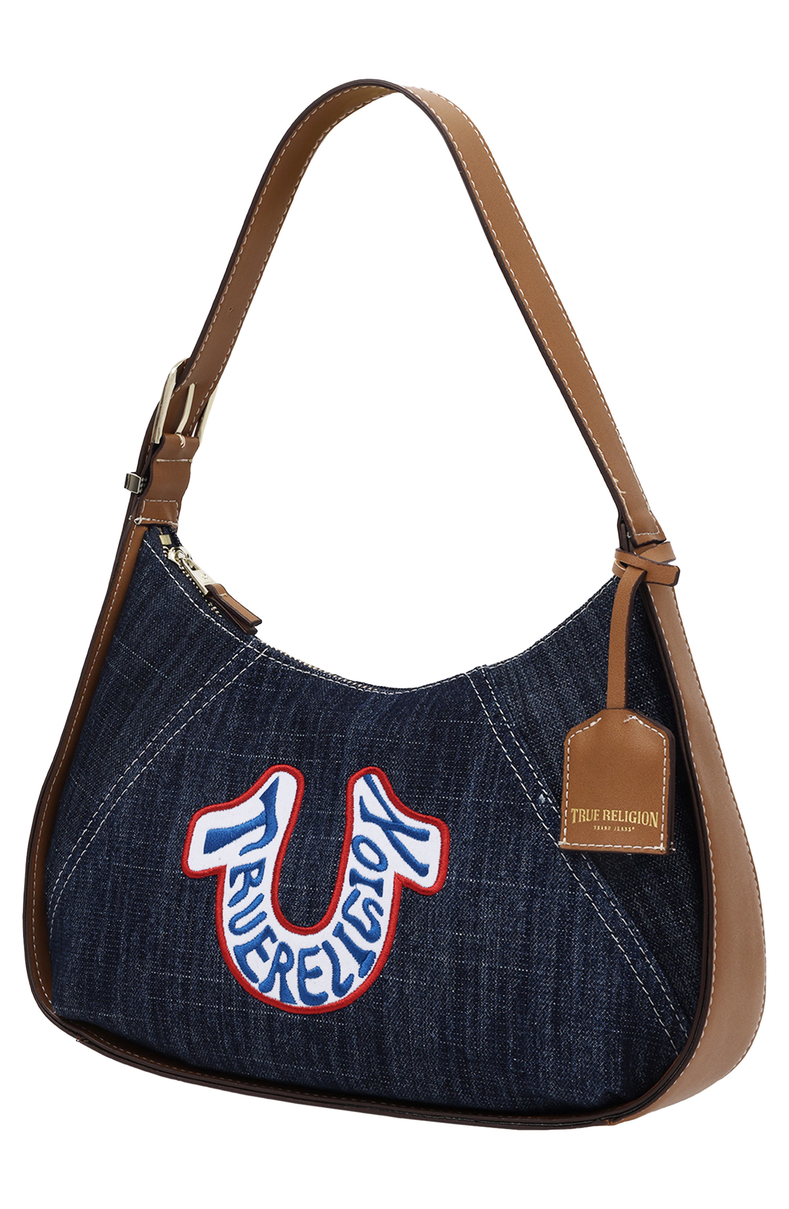 Retro Horseshoe Patch Denim Shoulder Bag, Alternate, color, DARK DENIM