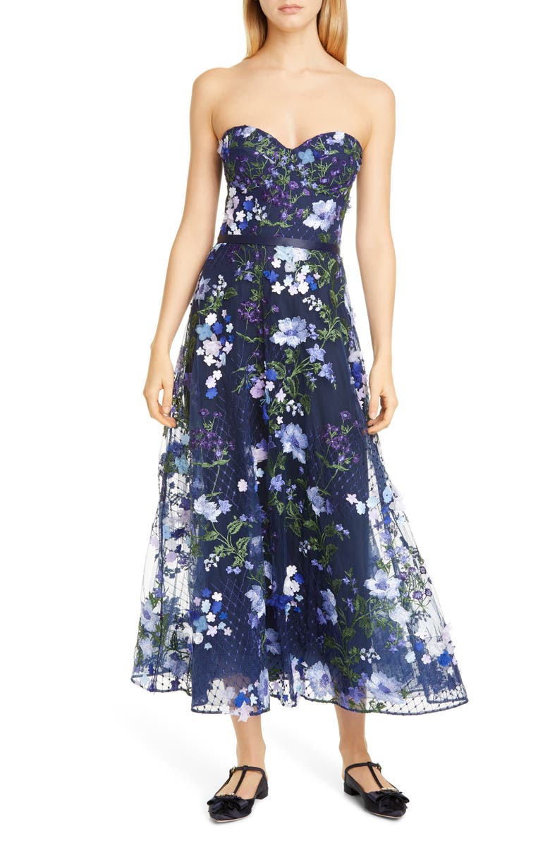 Marchesa Notte 3D Floral Lace Midi Dress, Main, color,