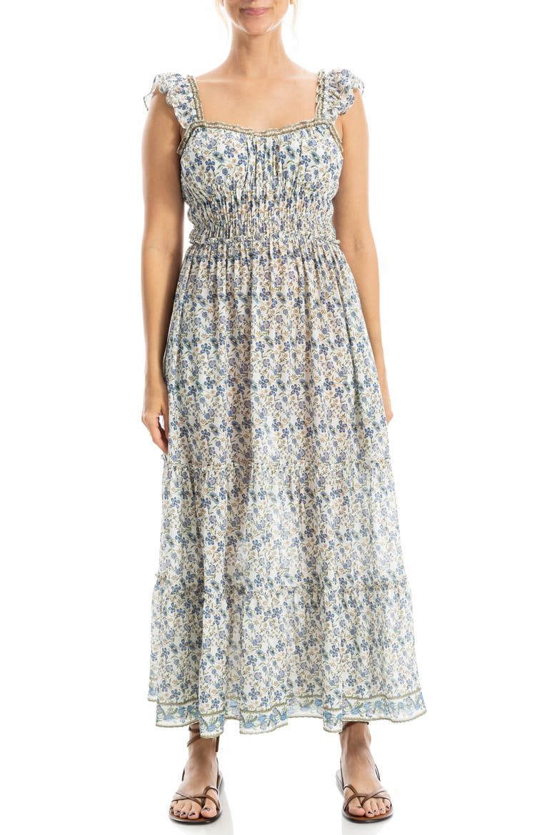 Sweetheart Neck Ruffle Strap Tiered Maxi Dress, Main, color, CREAM/ SKY FLORAL SWING VINES