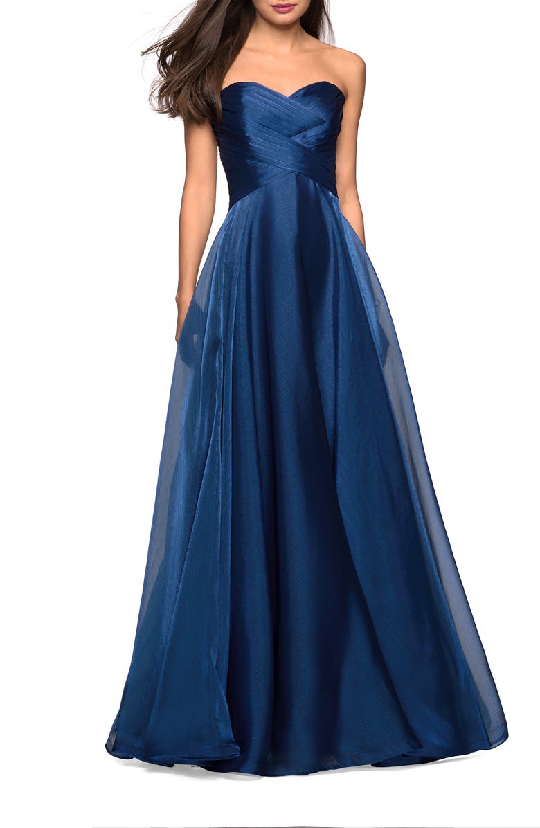 La Femme Strapless Chiffon Dress with Criss Cross Bodice Detail, Main, color, Navy