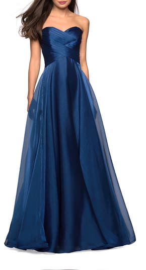 Strapless Chiffon Dress with Criss Cross Bodice Detail