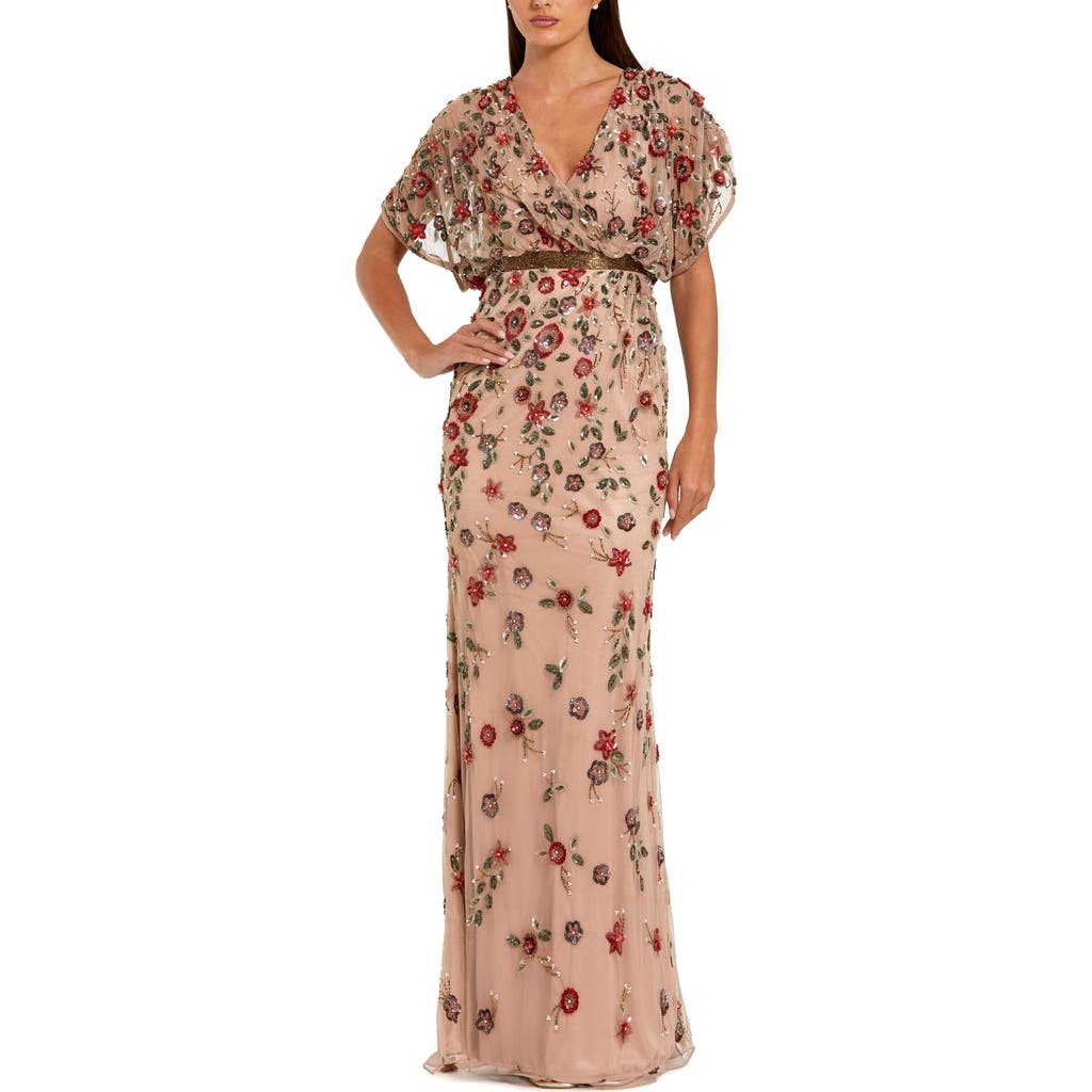Mac Duggal Floral Embellished Short Sleeve Blouson Gown In Multi