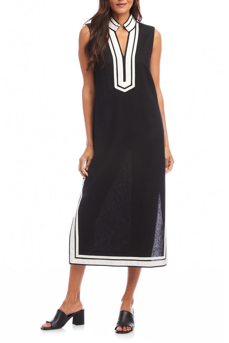 The St. Tropez Linen Blend Midi Dress, Main, color, BLACK W/ OFF WHITE