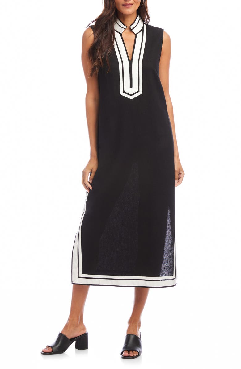 Karen Kane The St. Tropez Linen Blend Midi Dress, Main, color, Black W/ Off White