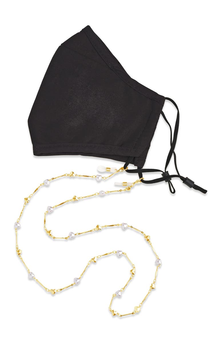 Sterling Forever Imitation Pearl Heart Station Face Mask & Glasses Chain, Alternate, color, Gold
