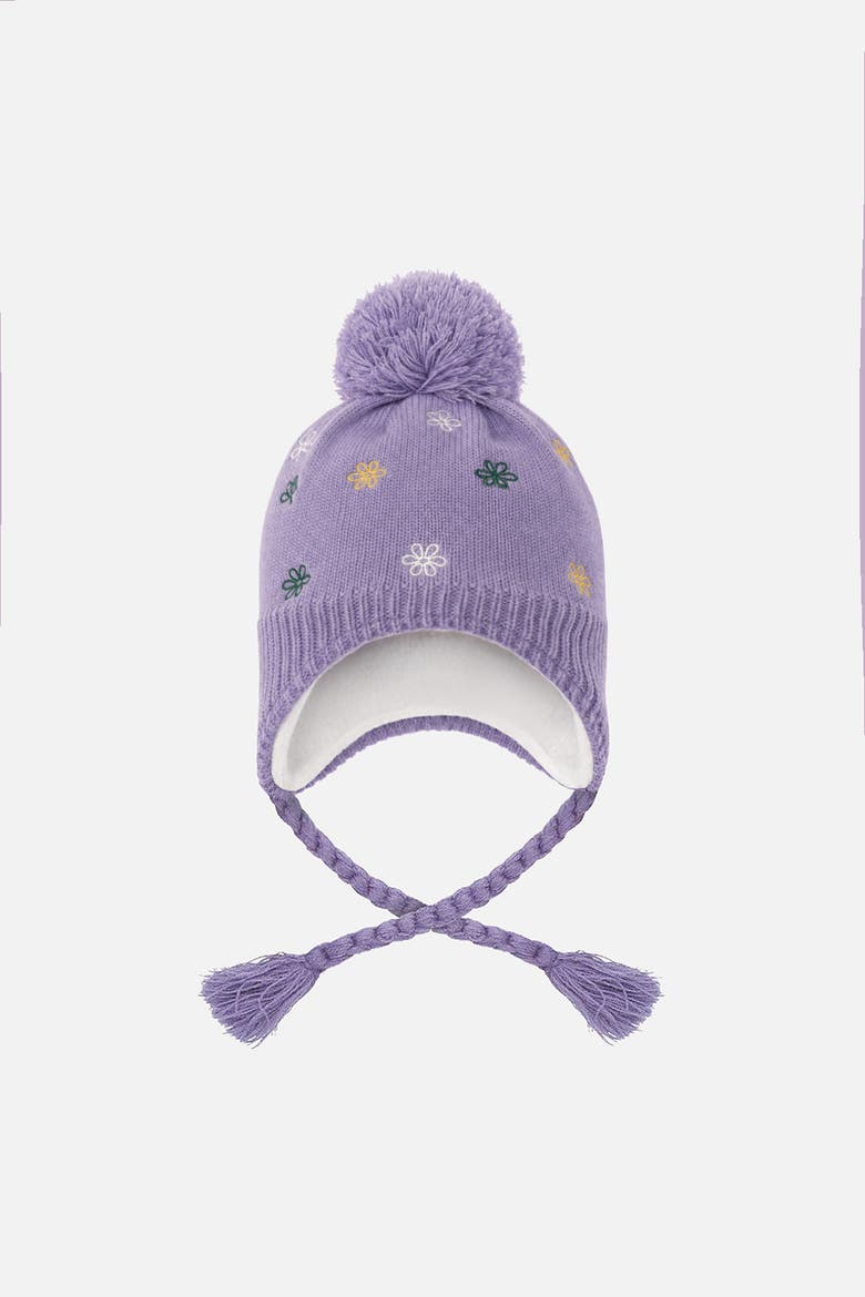 Winter Peruvian Embroidered Fleece-Lined Pompom Knit Hat, Main, color, Violet