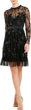 Mac Duggal Sheer Long Sleeve Embellished Midi Dress