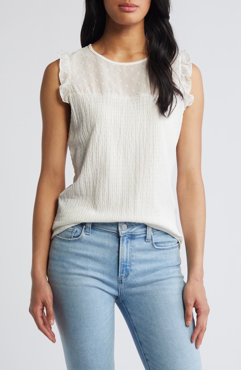 Loveappella Ruffle Clip Dot Smocked Shell, Main, color, White