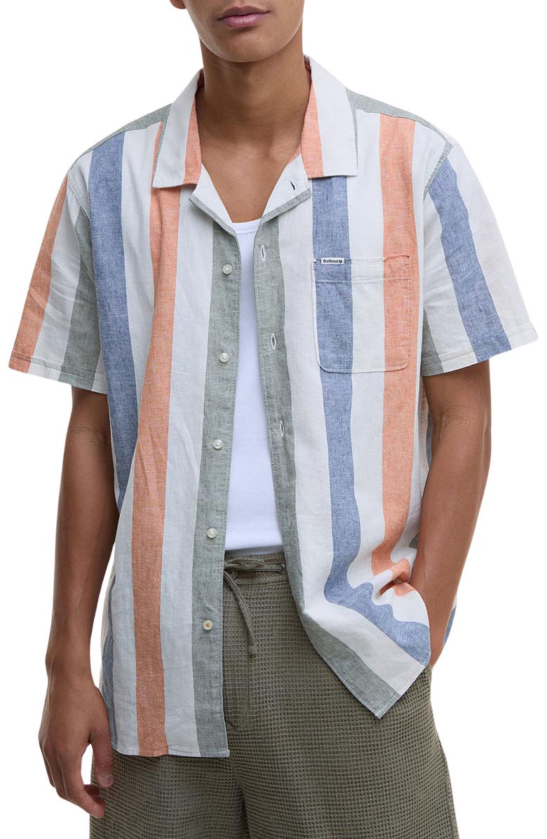 Barbour Clearwell Regular Fit Stripe Linen & Cotton Camp Shirt, Main, color, Whisper White
