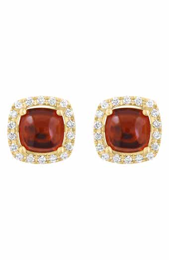 Garnet Cabochon & Diamond Halo Stud Earrings