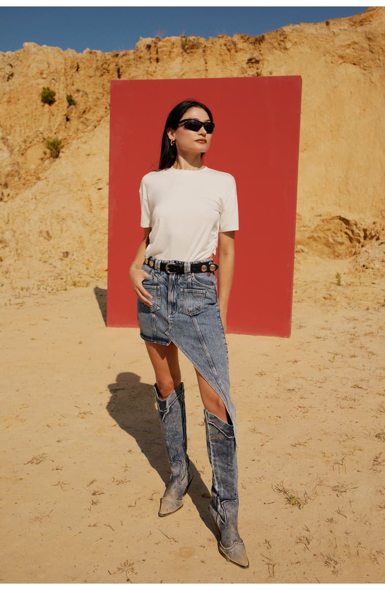 PCFG Free Heaven Cut Out Denim Skirt, Alternate, color, Blue