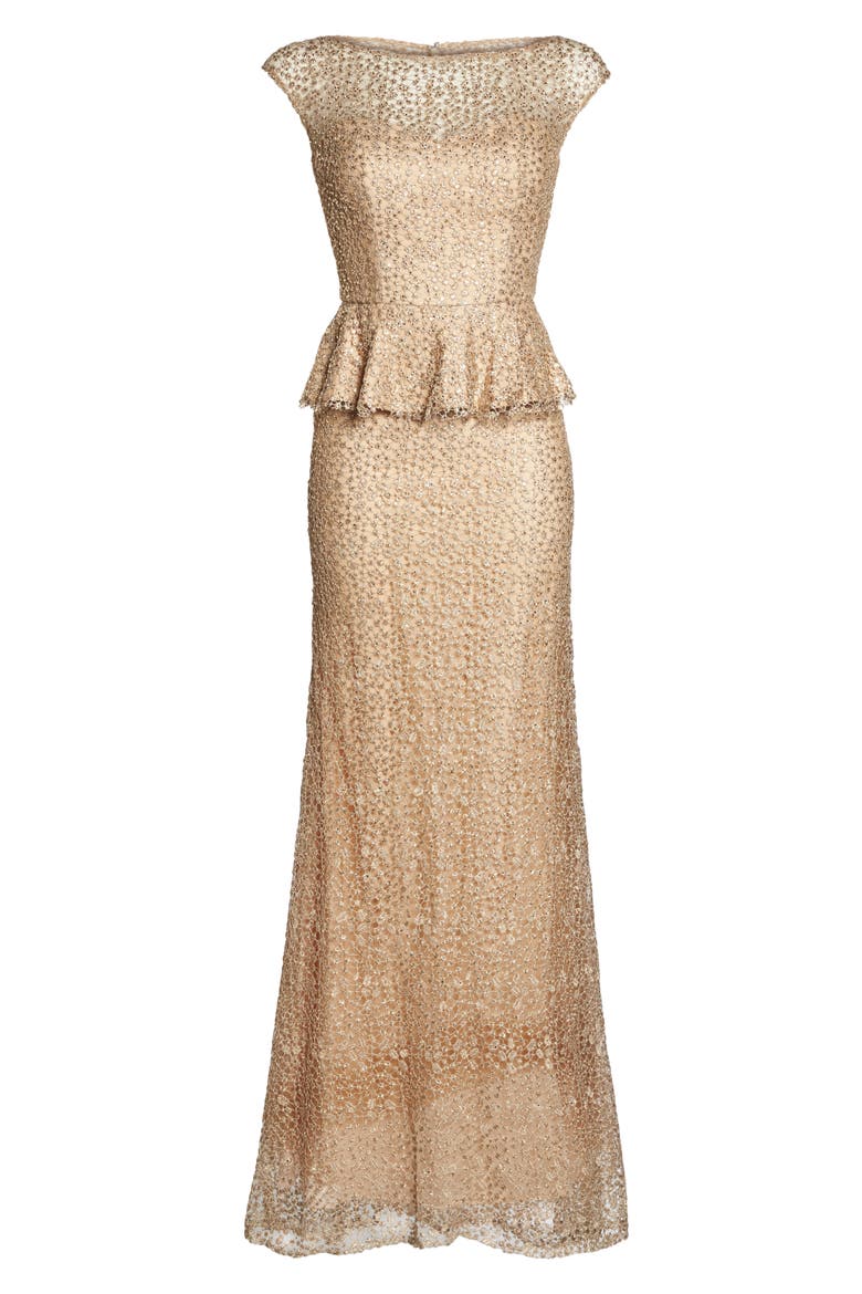 Embellished Lace Peplum Gown, Alternate, color, CHAMPAGNE