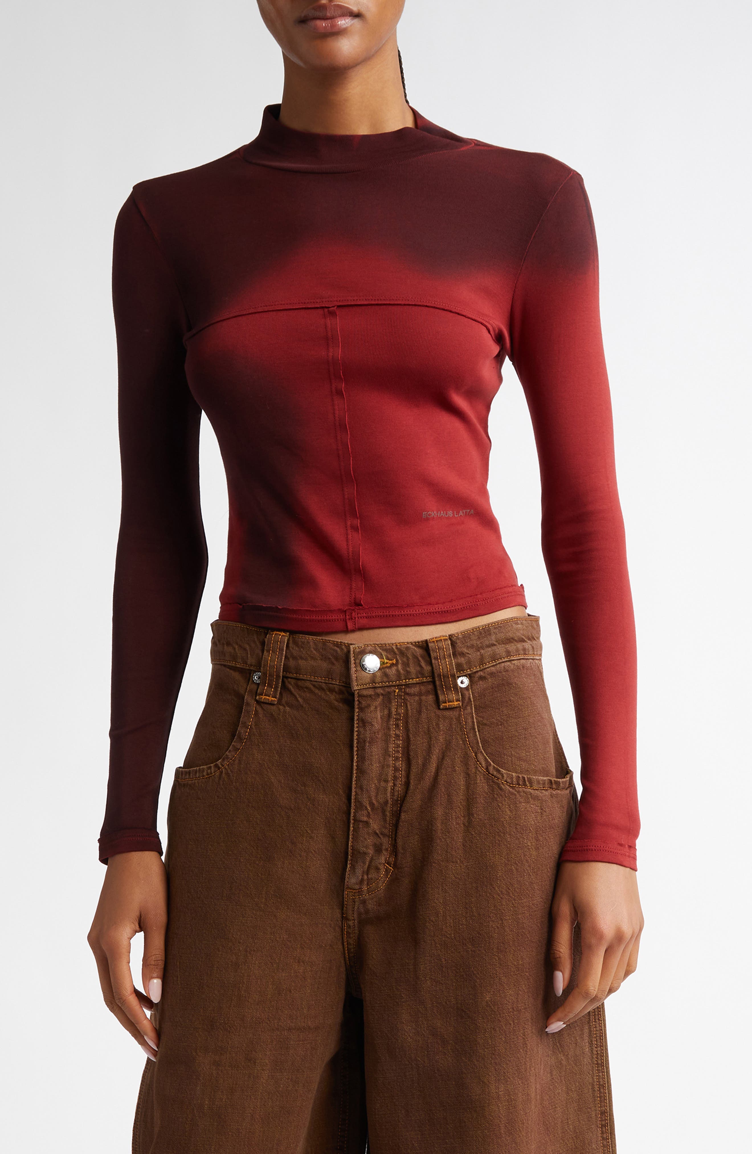 Eckhaus Latta Lapped Mock Neck Baby Tee in Maroon Blur 