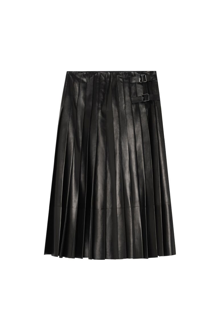 Pleated Leather Skirt, Alternate, color, Black