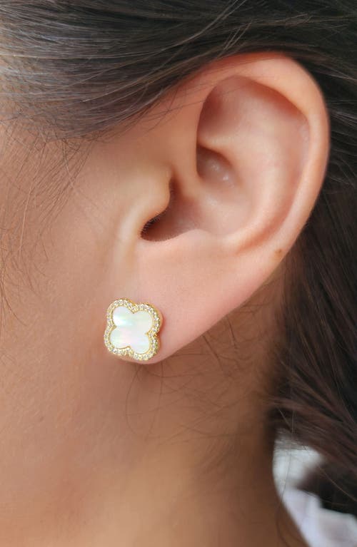 Adornia 14k Gold Plated Mother Of Pearl Halo Cz Clover Stud Earrings In Gold