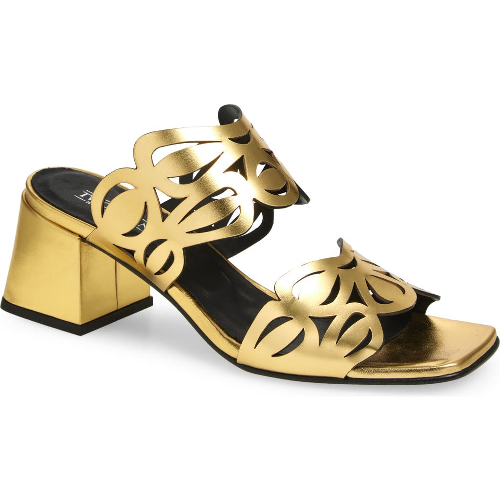 2 Twin Hearts Laser Cutout Slide Sandal In Gold Metallic