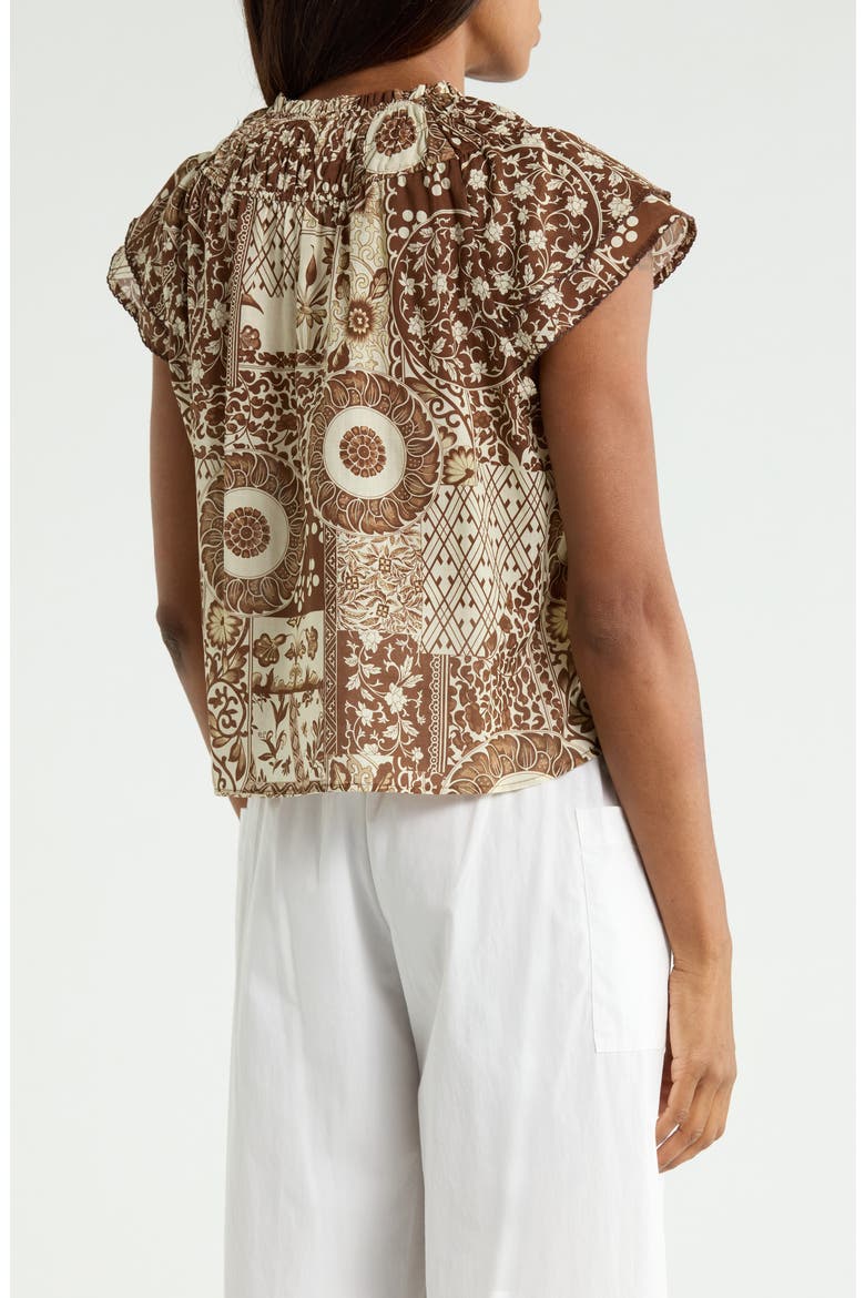 Ruffle Sleeve Gathered Neck Top, Alternate, color, BROWN TONAL PRINT