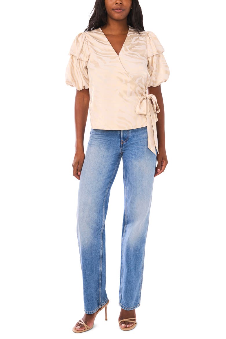 Double Bubble Sleeve Satin Jacquard Wrap Front Top, Alternate, color, BIRCH