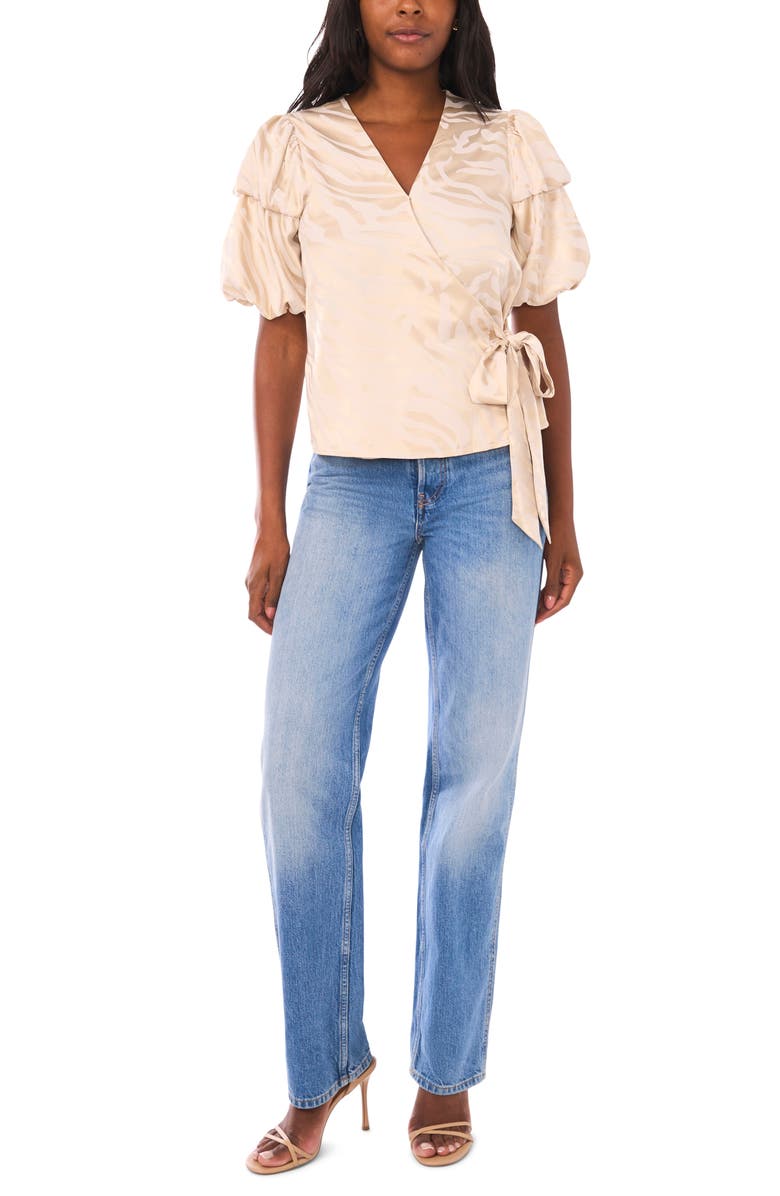 Vince Camuto Double Bubble Sleeve Satin Jacquard Wrap Front Top, Alternate, color, Birch