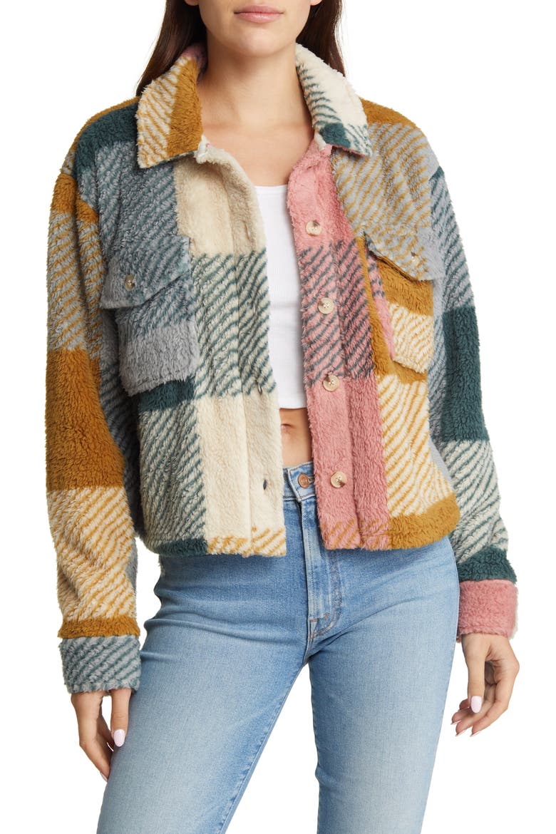 Crop Fleece Shirt Jacket, Main, color, MULTI CHECK PLAID