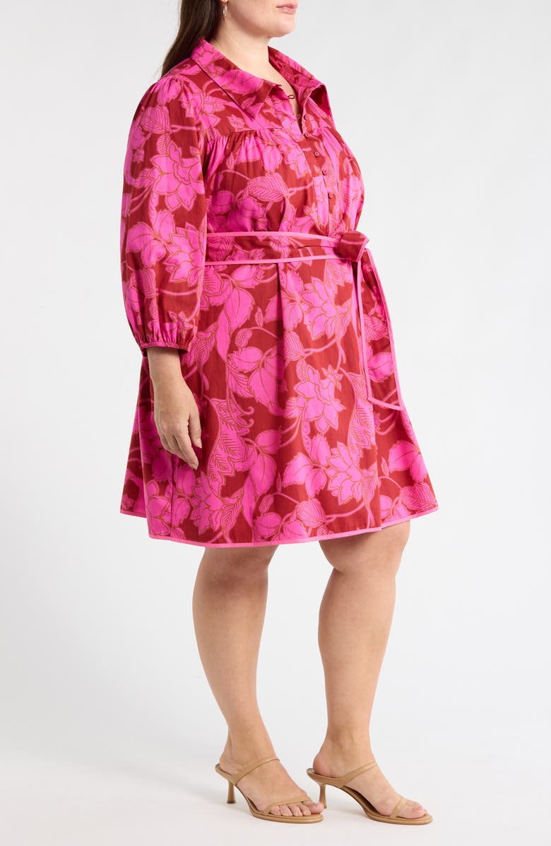 SUGARLIPS Craney Floral Print Tie Waist Long Sleeve Shirtdress, Alternate, color, Burgundy-Pink