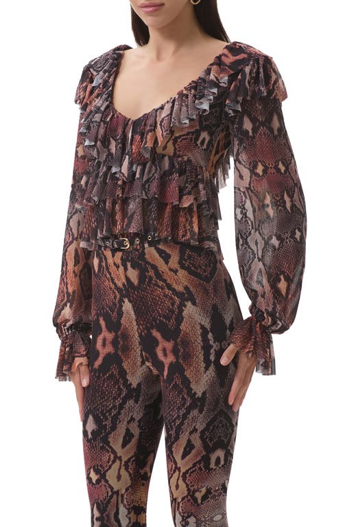 Afrm Addison Snakeskin Print Ruffle Top In Brown