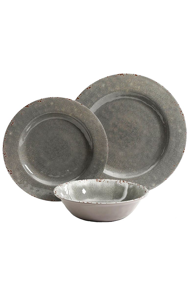 Mauna 12 piece Dinnerware Set in  Gray Crackle Look Decal, Main, color, Grey