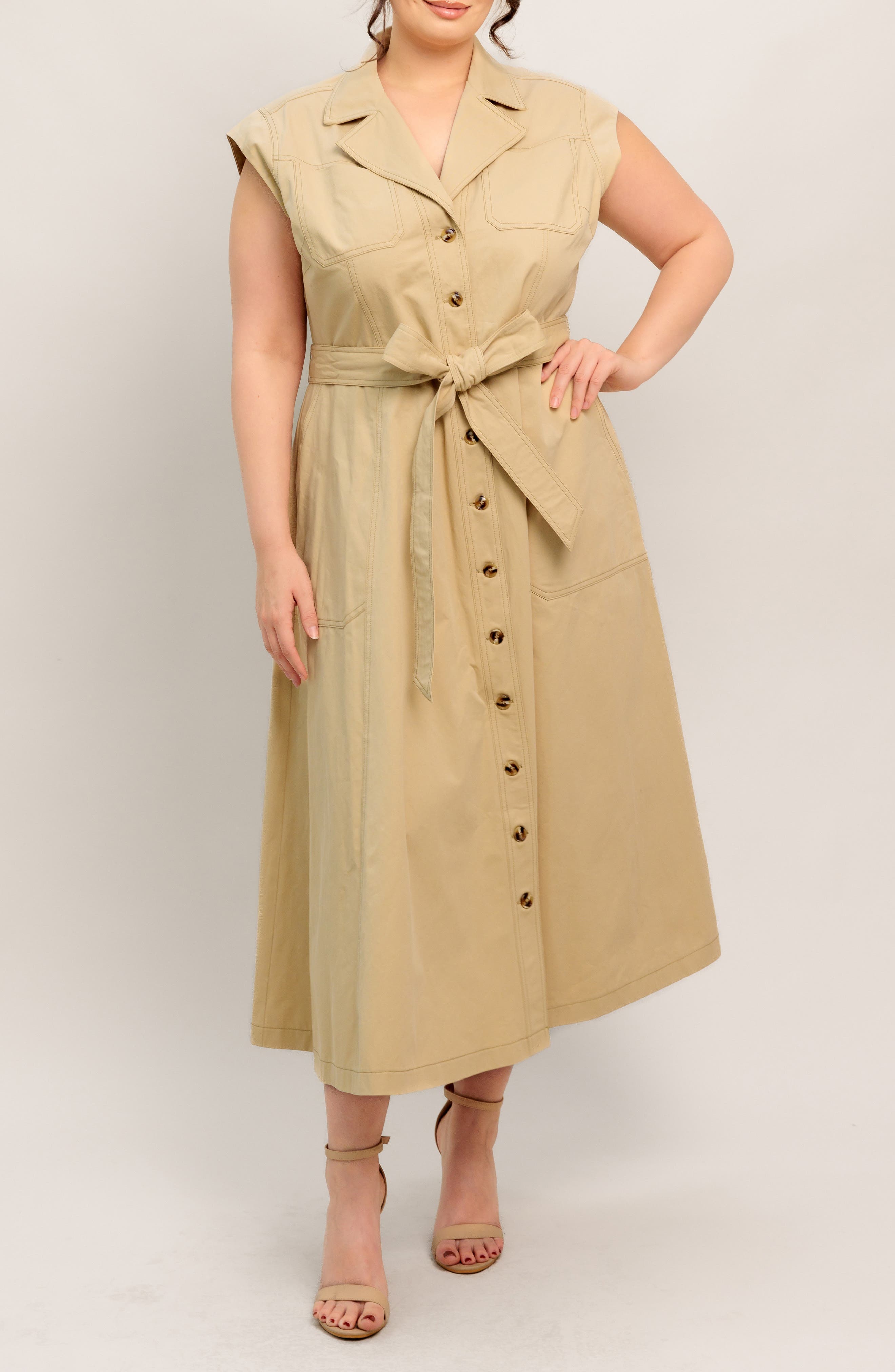 FLYING TOMATO Sleeveless Button-Down Midi Shirtdress