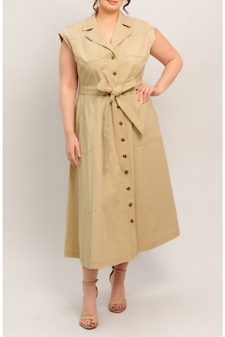 Sleeveless Button-Down Midi Shirtdress, Main, color, KHAKI