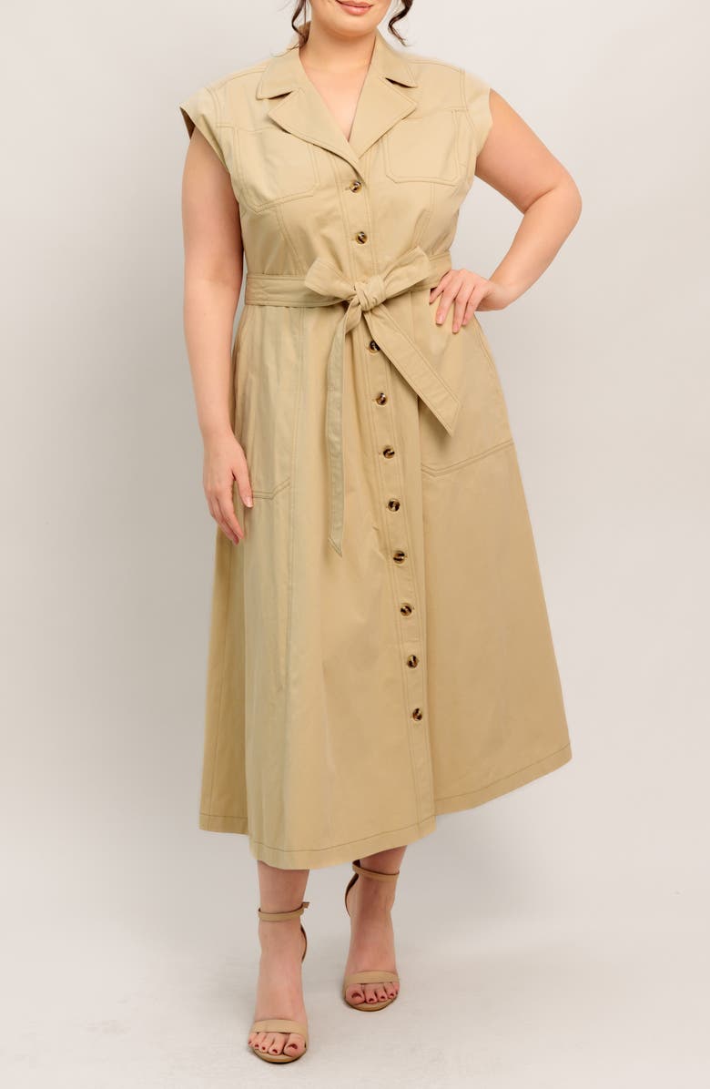 FLYING TOMATO Sleeveless Button-Down Midi Shirtdress, Main, color, Khaki