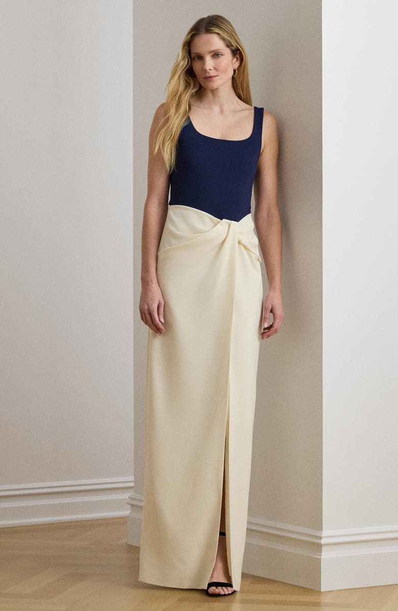 Lauren Ralph Lauren Two-Tone Ottoman & Crepe Sleeveless Gown, Alternate, color, Mascarpone Ivory/ Refined Navy