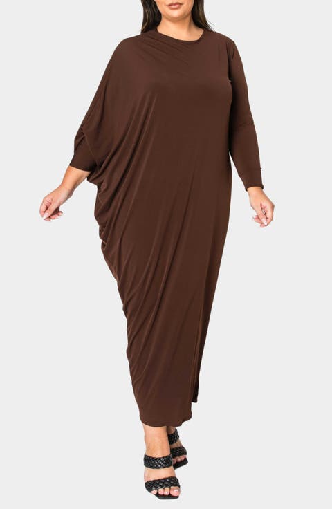 Louella Asymmetrical Long Sleeve Stretch Maxi Dress (Plus)