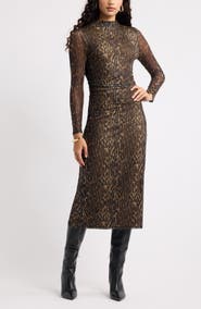 Open Edit Mock Neck Long Sleeve Mesh Midi Dress
