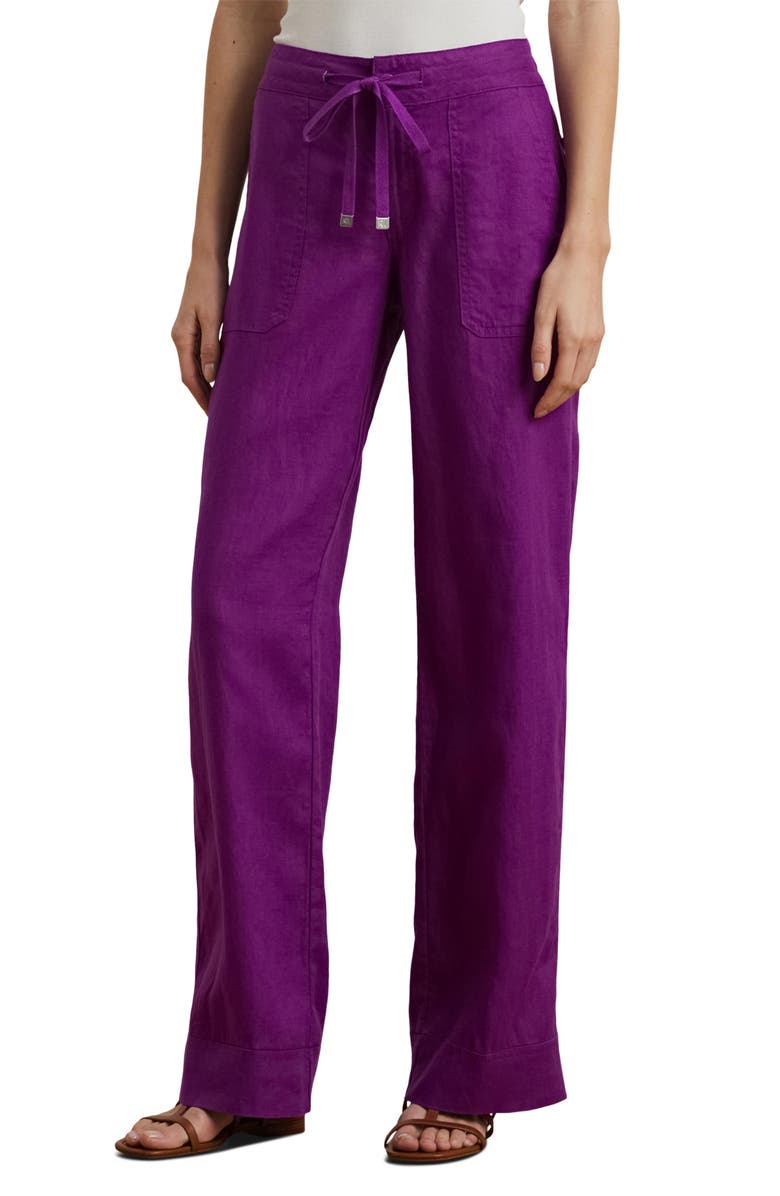 Lauren Ralph Lauren Wide Leg Linen Pants, Main, color, Purple Dawn